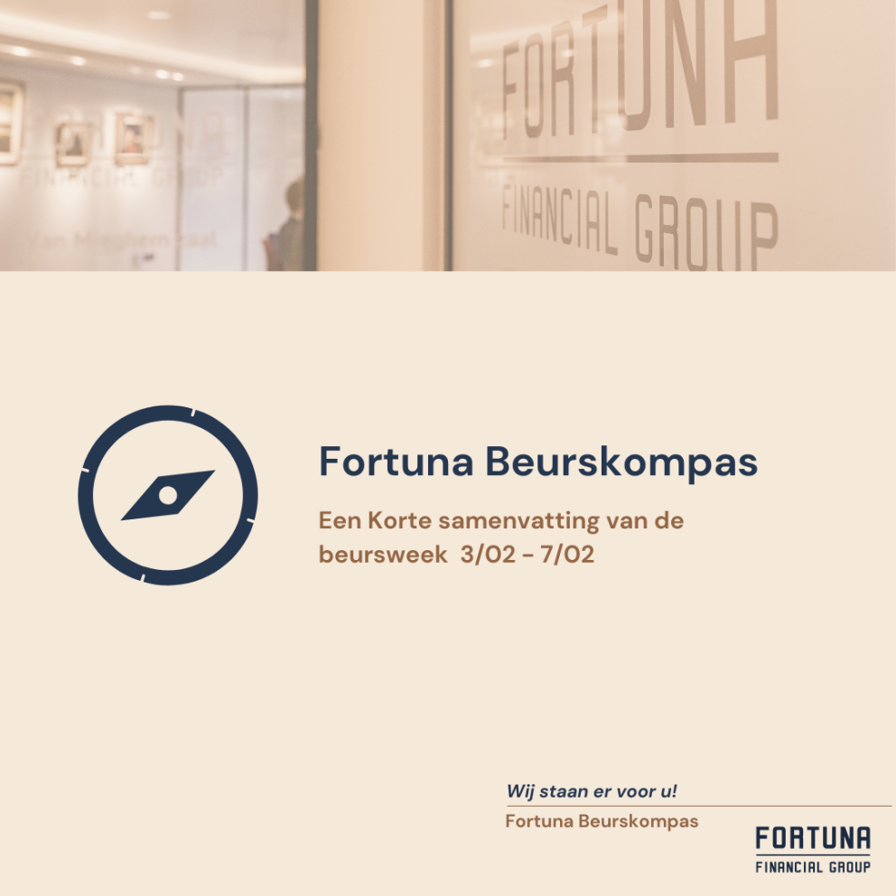 Een afbeelding met de tekst "Fortuna Beurskompas - Een Korte samenvatting van de beursweek 3/02 - 7/02" en een kompasicoon, op een lichte achtergrond met het logo van Fortuna Financial Group.
